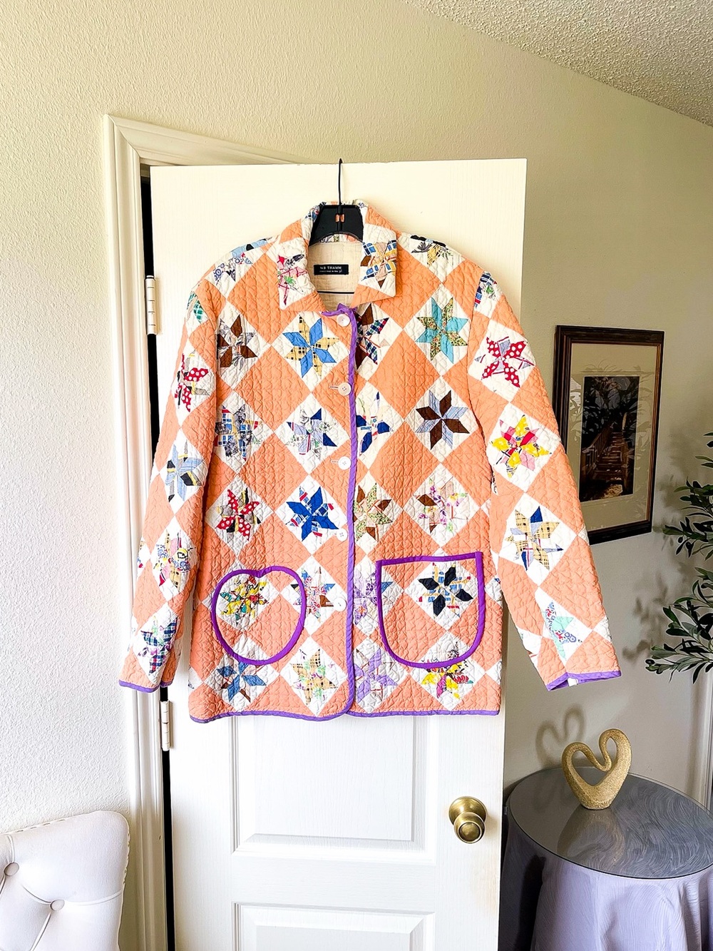 WB THAMM‎ Quilt Chore Coat Jacob Ladder Peach White M/L EUC